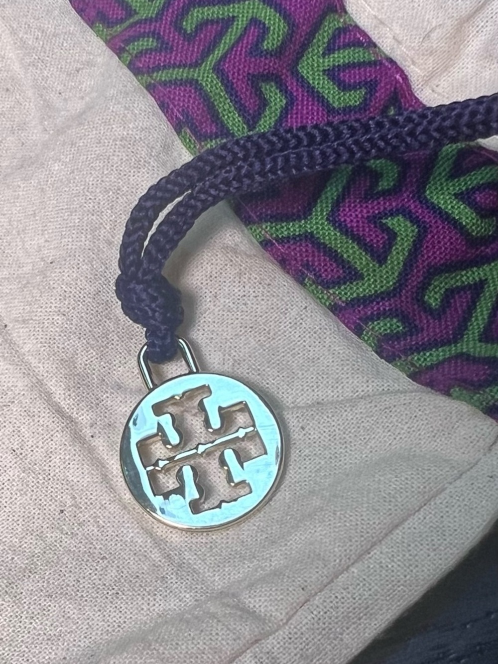 Tory Burch Cream Canvas Dust Bag with Purple Trim